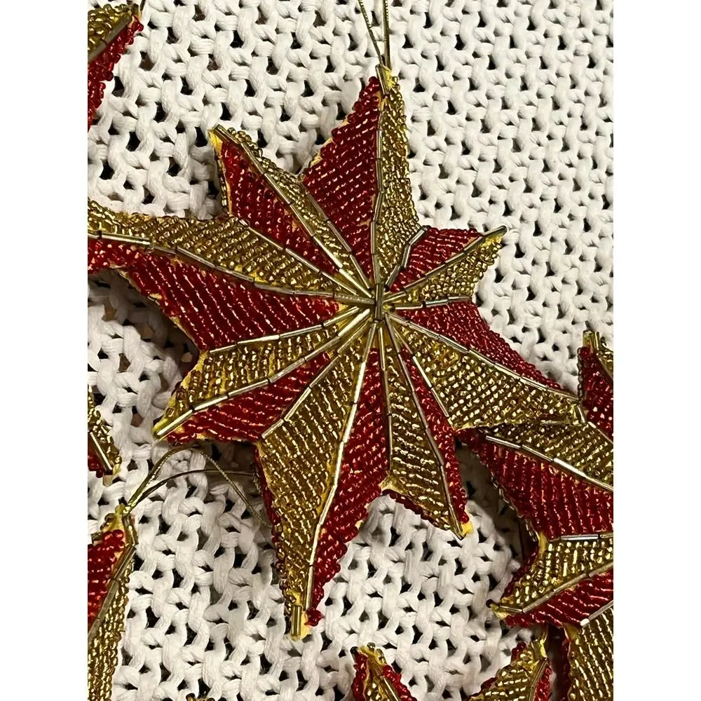 Vintage Art Deco Beaded Star Tassel Christmas Ornaments Gold Red Sparkles Set